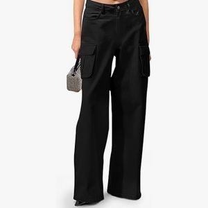 Phortric NWT High Waisted Wide Leg Baggy Denim Black Cargo Pants Size X Lrg